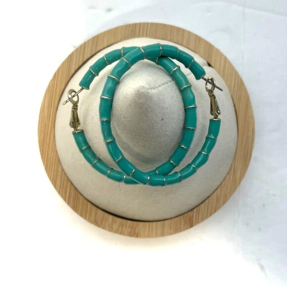 Turquoise Enamel Segmented Hoop Earrings With Omega Backs 1.75" Diameter - Picture 6 of 6